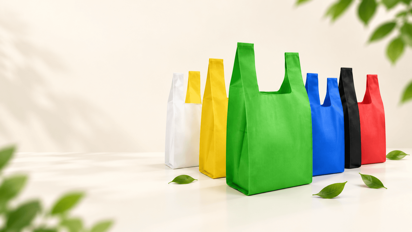 Multicolor GSM 50 non-woven carrier bags displayed on the right side.