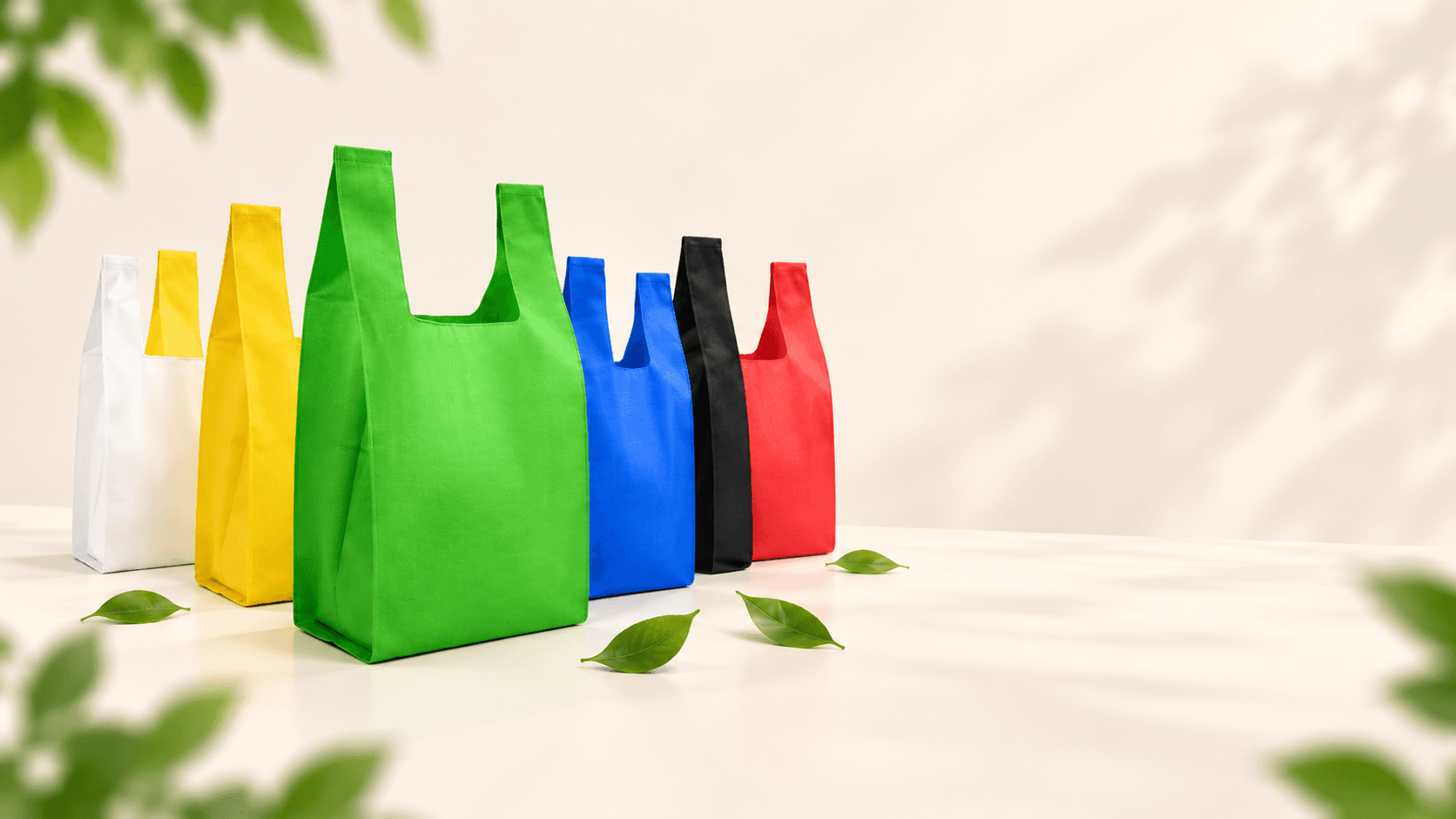 Multicolor GSM 50 non-woven carrier bags displayed on the left side.