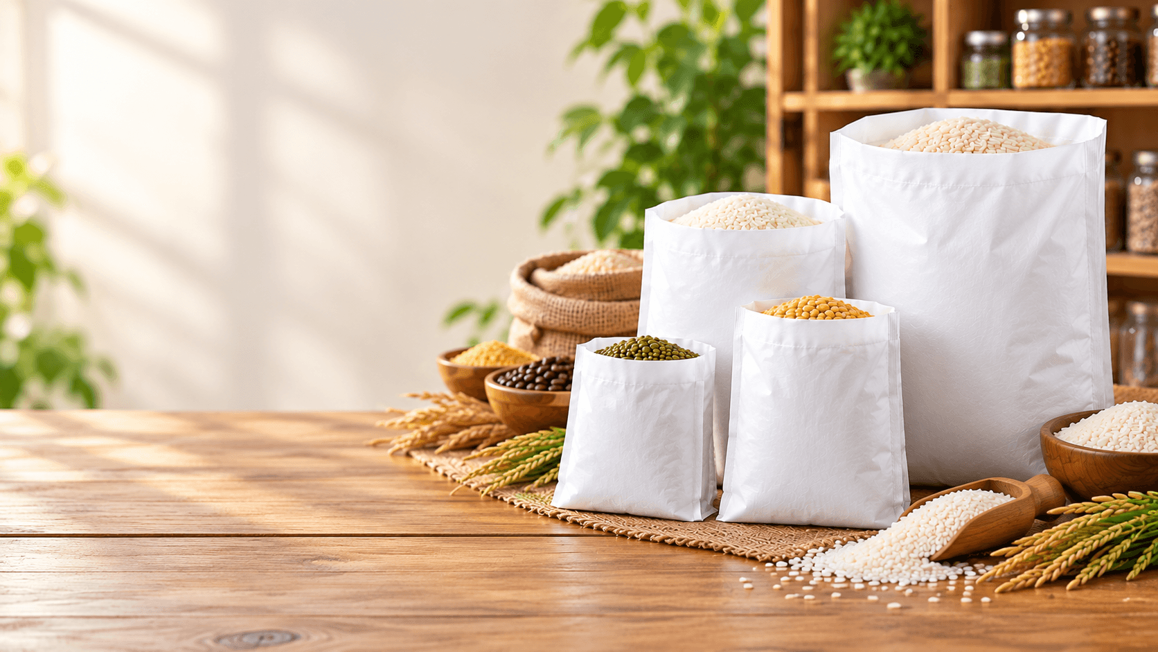 White Open Bags filled with cereals and dry goods for everyday packaging.