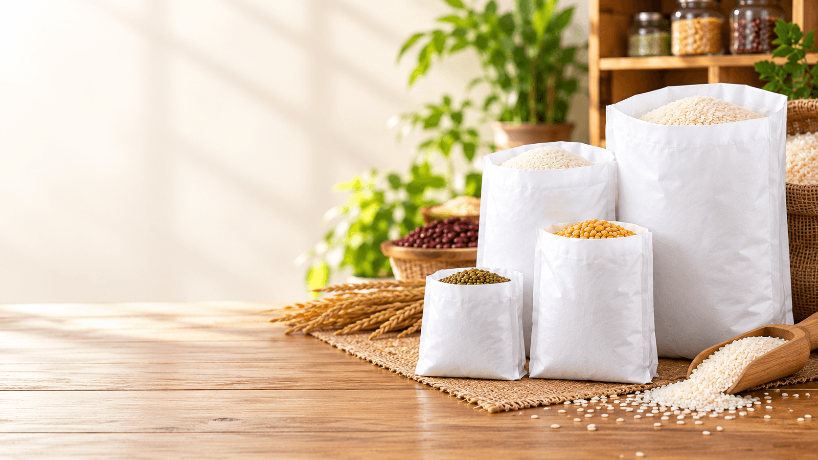 White Open Bags used to package rice.