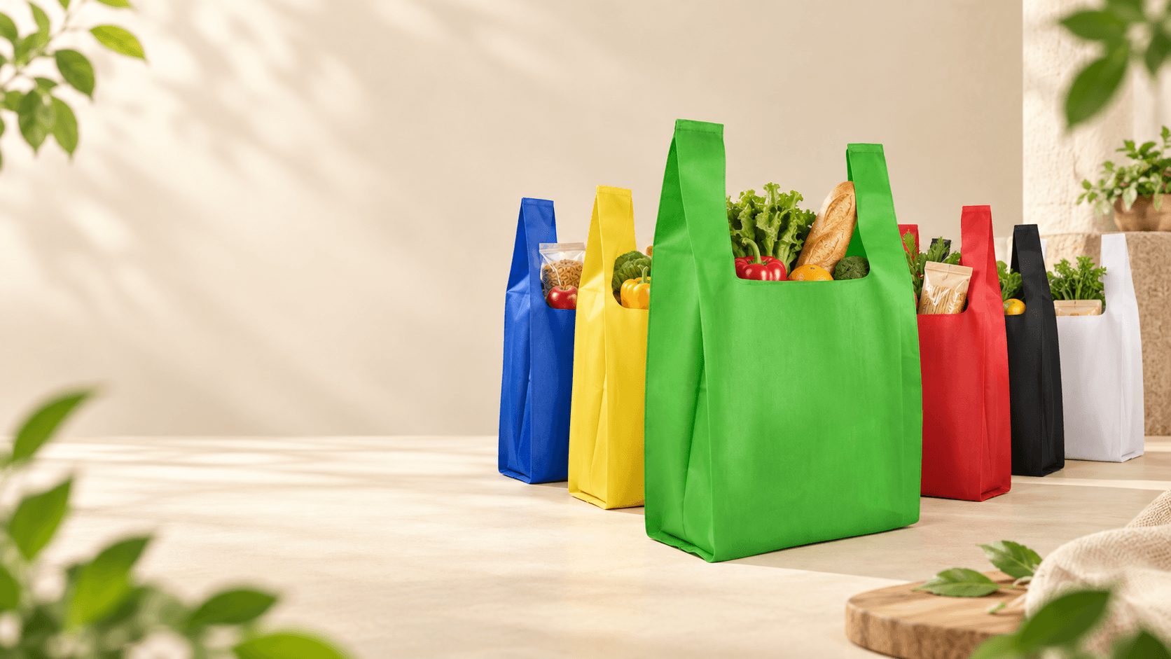 Large green non-woven carrier bag filled with groceries with other colors behind it.